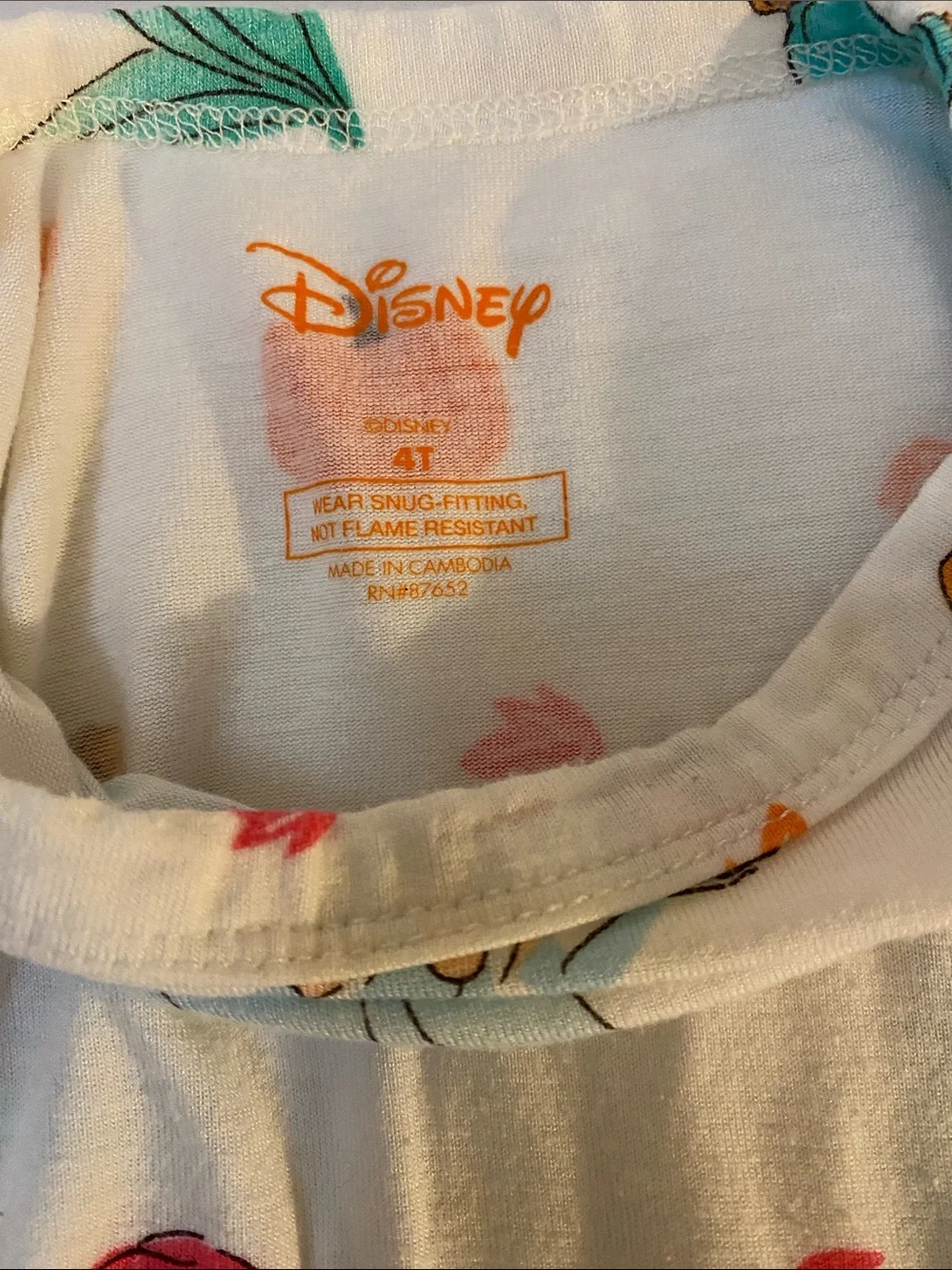 Disney Girls White Pajama Set with Teal, Pink and Orange Princess Prints